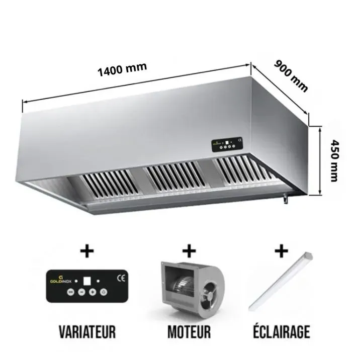 Hotte caisson avec moteur 1400x900x450 mm avec variateur éclairage filtre et robinet de vidange PREMIUM - GOLDINOX