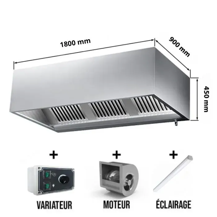 Hotte caisson avec moteur 1800x900x450 mm avec variateur éclairage filtre et robinet de vidange (Puissant) PREMIUM - GOLDINOX