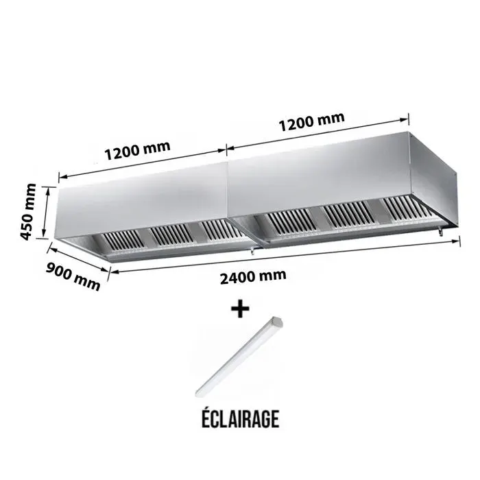 Hotte caisson sans moteur 2400x900x450 mm avec éclairage filtre et robinet de vidange PREMIUM - GOLDINOX