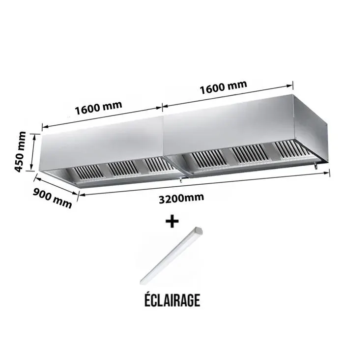 Hotte caisson sans moteur 3200x900x450 mm avec éclairage filtre et robinet de vidange PREMIUM - GOLDINOX