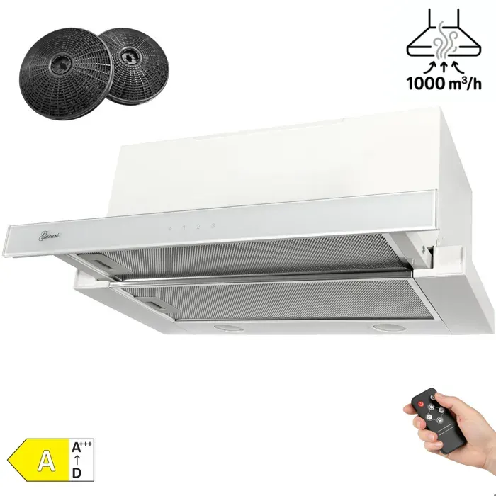 Hotte encastrable 60 cm blanche GURARI GCH B 117WH60 PRIME N+filtre à charbon• Hotte aspirante télescopique• Touch Control• 1000m³/h