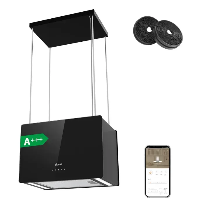 Hotte Ilot A+++ APP Contrôle 700m3/h /H Booster 59dB 2pcs Filtre au charbon Hotte à Recyclage Noir CIARRA