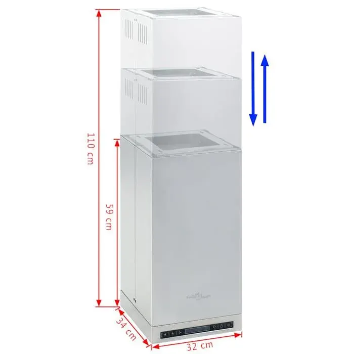 Hotte îlot avec écran tactile - WIENS - 756 m³/h - Argent - 32x34x(59-110) cm - Écran LCD - Filtres à graisse lavables
