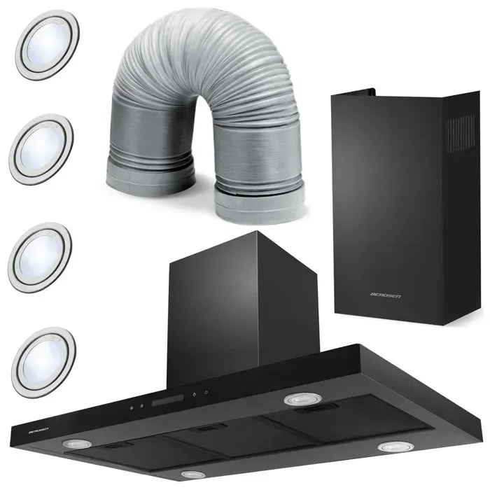 Hotte îlot en acier inoxydable - JANSHOP - 90 cm - Noir - Berdsen BE-90E - Débit max 540 m3/h - Puissance 160 W