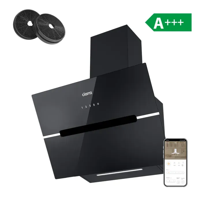 Hotte Inclinée 60cm A+++ Wi-Fi et Tactile 650m3/h Booster 2pcs Filtre Actif Noir CIARRA