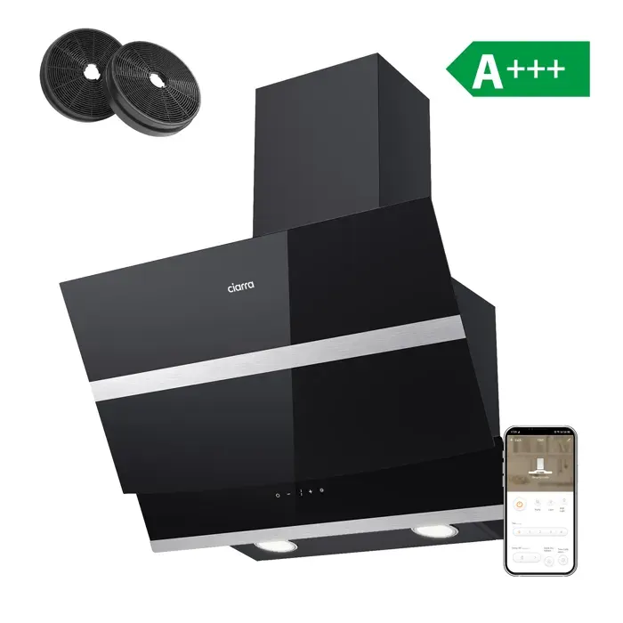 Hotte Inclinée A+++ 60cm APP Contrôle 4 Vitesses 650m3/h Booster 2pcs Filtres au charbon Noir CIARRA