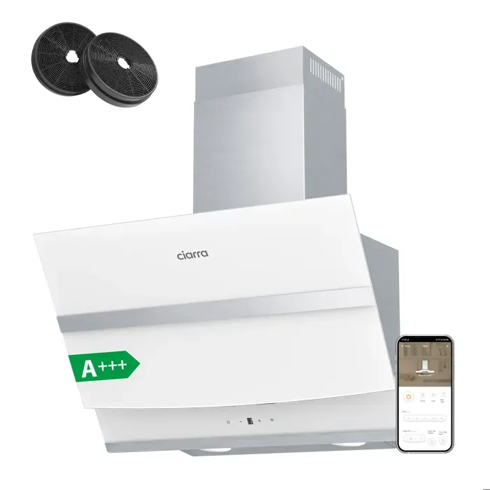 Hotte Inclinée Tactile 60cm APP Contrôle A+++ 650m3/h Booster 2pcs Filtres au charbon Blanc CIARRA
