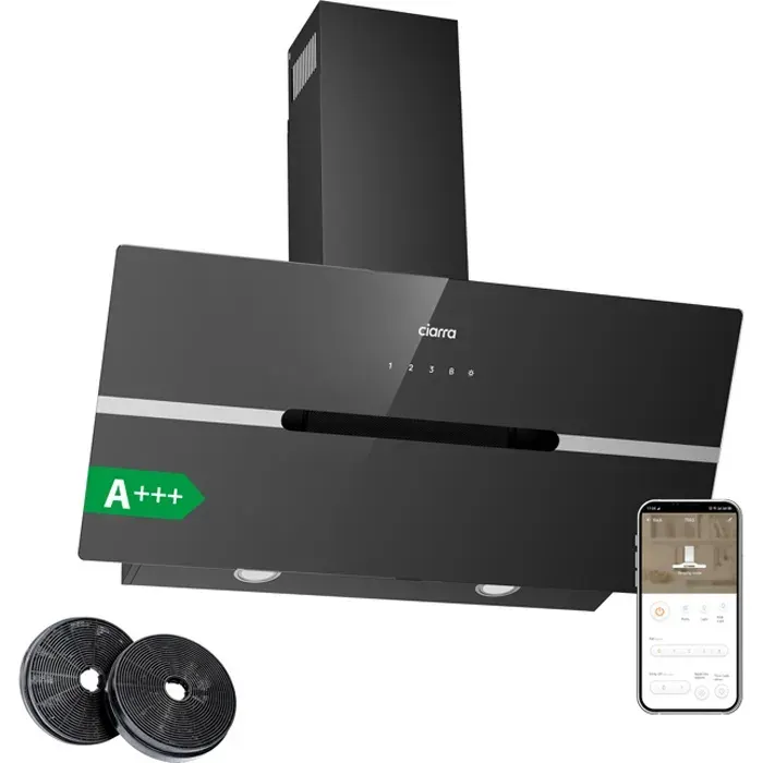 Hotte Murale 90cm Tactile et APP Contrôle 650m3/h avec 2pcs Filtre Actif Booster A+++ Hotte de cuisine Noir CIARRA