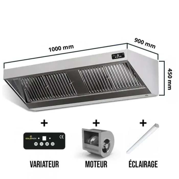 Hotte murale avec moteur 1000x900x450 mm avec variateur éclairage filtre et robinet de vidange PREMIUM - GOLDINOX