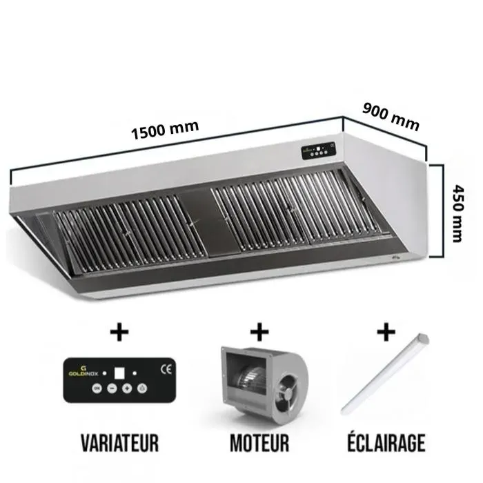 Hotte murale avec moteur 1500x900x450 mm avec variateur éclairage filtre et robinet de vidange PREMIUM - GOLDINOX