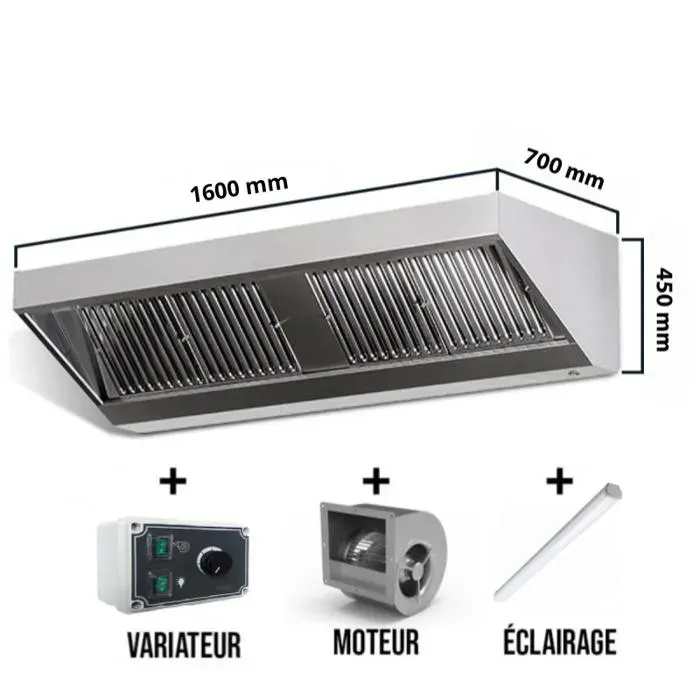 Hotte murale avec moteur 1600x700x450 mm avec variateur éclairage filtre et robinet de vidange (Installation flexible)