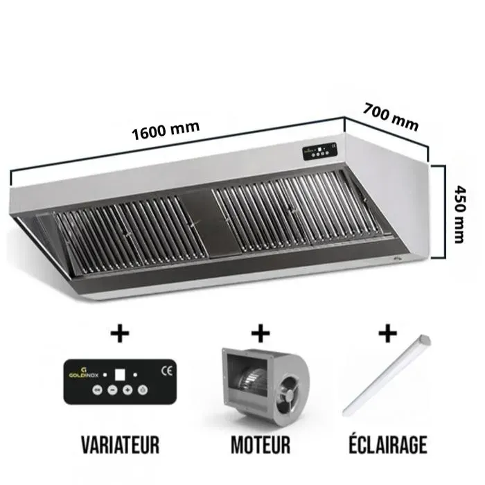 Hotte murale avec moteur 1600x700x450 mm avec variateur éclairage filtre et robinet de vidange PREMIUM - GOLDINOX