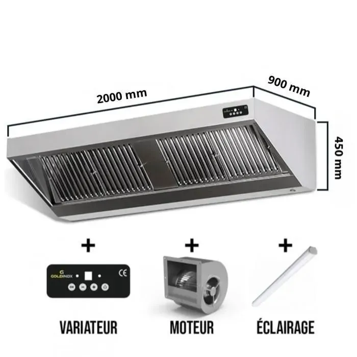 Hotte murale avec moteur 2000x900x450 mm avec variateur éclairage filtre et robinet de vidange (Puissant) PREMIUM - GOLDINOX