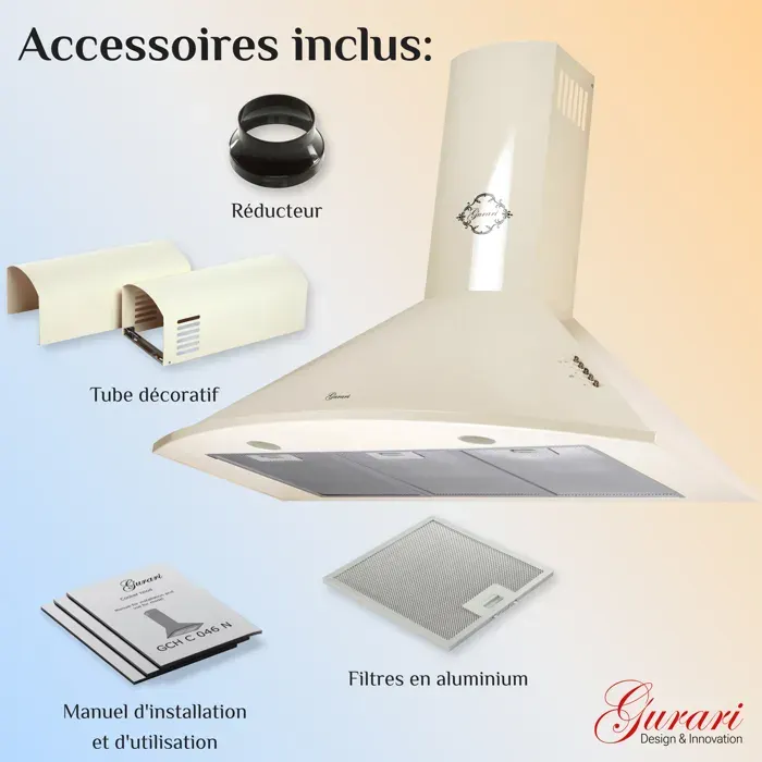 Hotte murale crème 90 cm Gurari GCH C 046 BG 9 N Hotte aspirante 1000 m³/h • Évacuation & recyclage