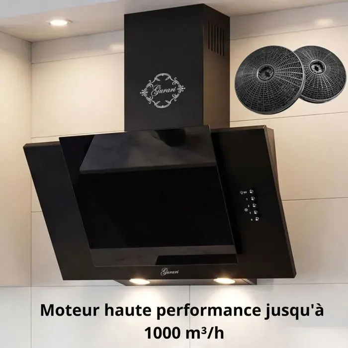Hotte murale inclinée - GURARI - GCH S 482 50 BL - 50 cm - Verre noir - 1000 m³/h