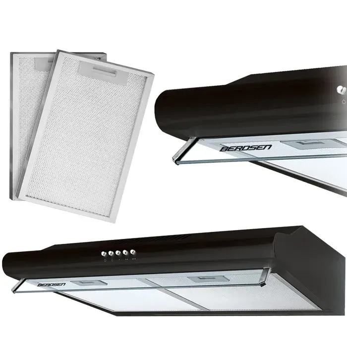 Hotte sous-meuble - BERDSEN - 60 cm - Noir - LED 1x2 W - Filtre 5 couches - 3 vitesses - 205 m³/h - 61 dB