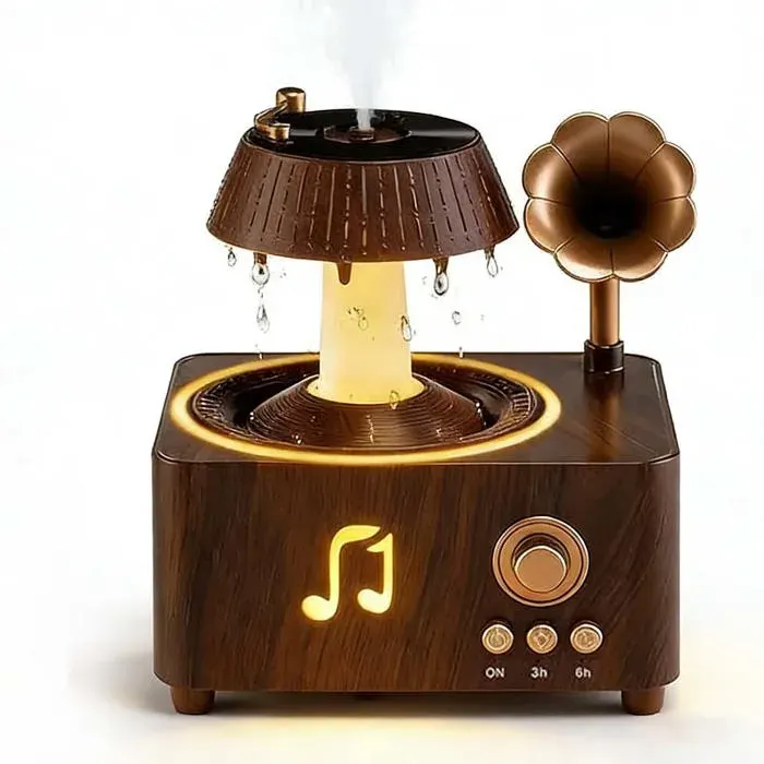 Humidificateur 2 en 1 Enceinte Bluetooth Lampe à flamme simulée Bande lumineuse sept couleurs effet gouttes de pluie télécommande