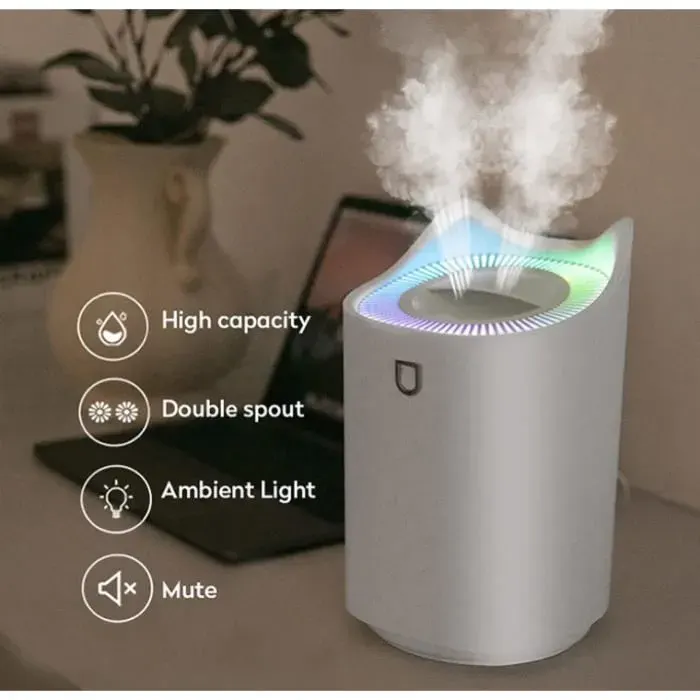 Humidificateur 3L - 3 Niveaux de Brouillard - 22db - lamp colore - Blanc