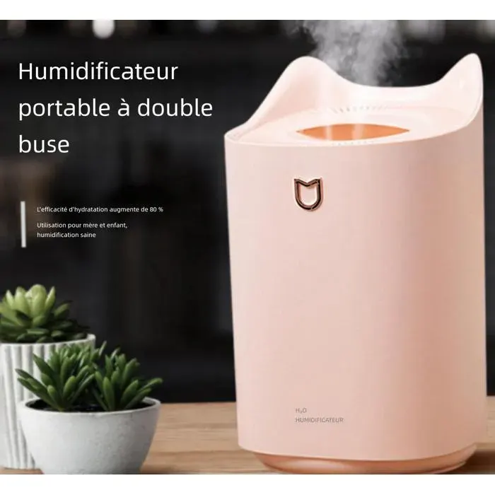 Humidificateur 3L Double Busage Rose Corail Silencieux Veilleuse LED USB 21-30㎡