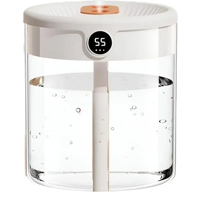 Humidificateur affichage numérique LED capacité 2L veilleuse fonctionnement silencieux doubles buses de pulvérisation blanc