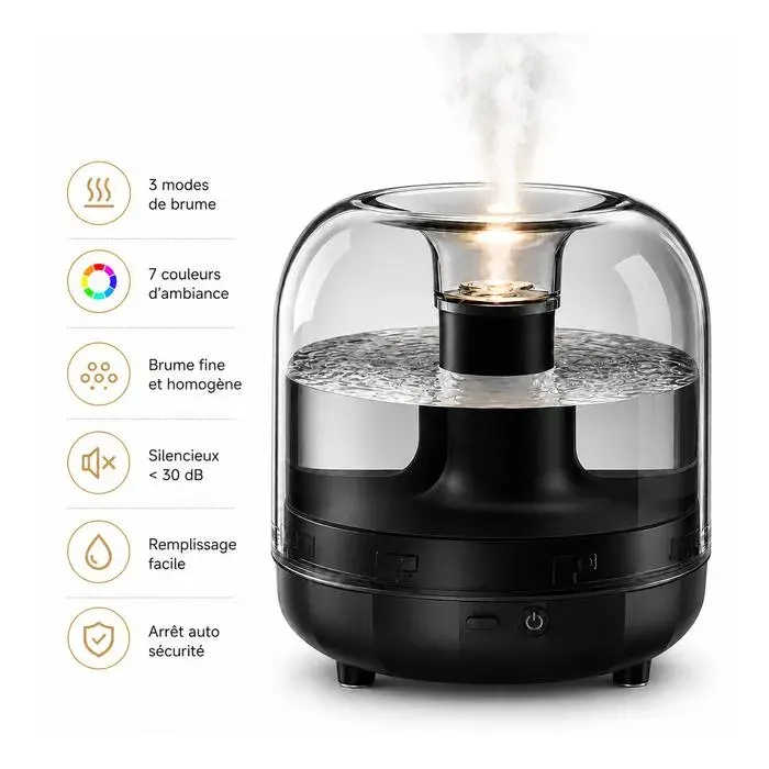 Humidificateur d’Air Silencieux 500 ml avec Veilleuse 7 Couleurs 3 Modes de Brume Pour Salon Bureau Chambre Noir