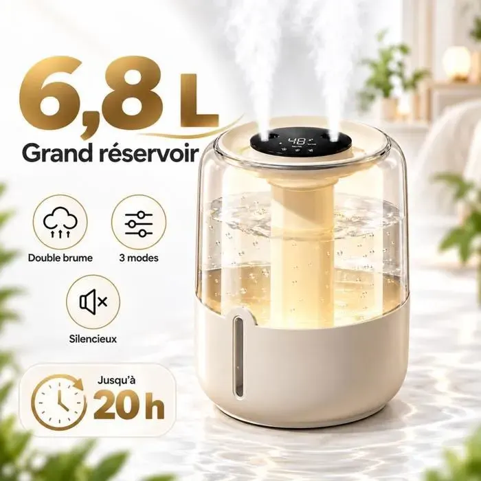 Humidificateur d’Air Ultrasons -68 L- Double Brume 3 Modes Capteur d’Humidité Écran Digital Silencieux