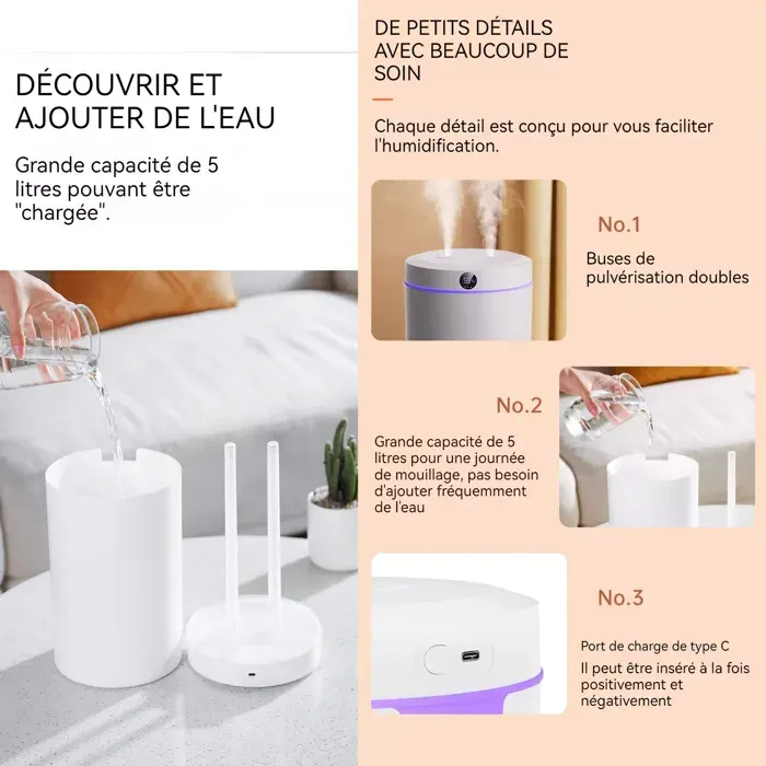 Humidificateur dair 5 l - TepidBee - humidificateur darômes avec 3 modes de brume 36 db silencieux 50h dautonomie avec 7 color