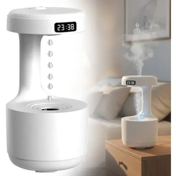 Humidificateur dAir Anti-gravité pour Chambre 800ml Cool Mist avec Affichage LED et Horloge Numérique Arrêt Automatique sans — coloris Blanc
