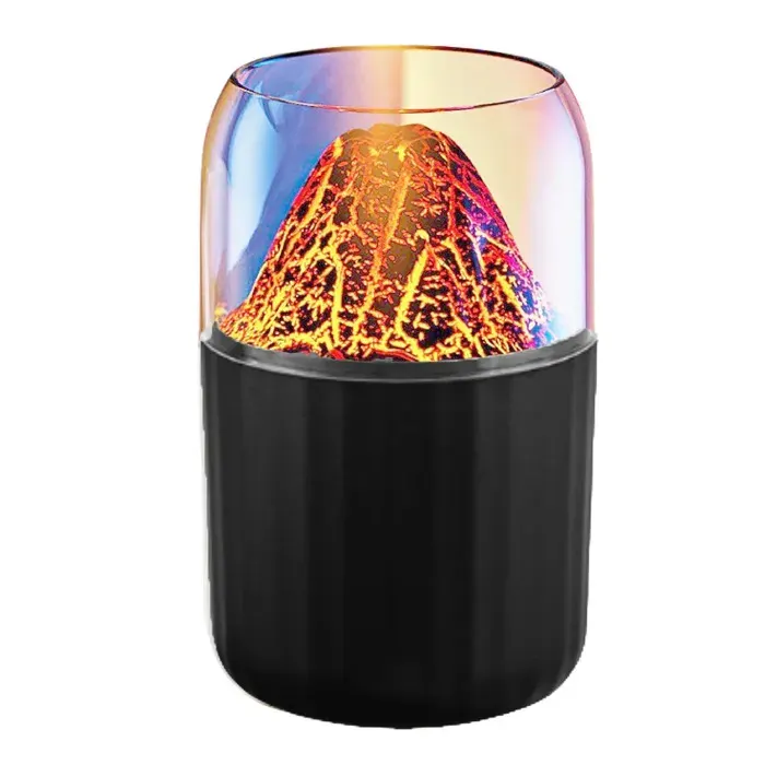Humidificateur dair design volcan14x8.6x8.6cm Effet Flamme LED 7 Couleurs Aromathérapie Silencieux Bureau Chambre Nuit USB Portable — coloris Noir