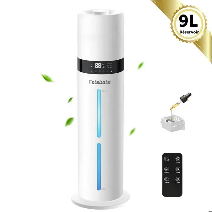 Humidificateur dair tour ultrasonique 9L Pour 50m² 330ml/h Silencieux 32dB Télécommande 3 Vitesses 40-90% 7 Couleurs