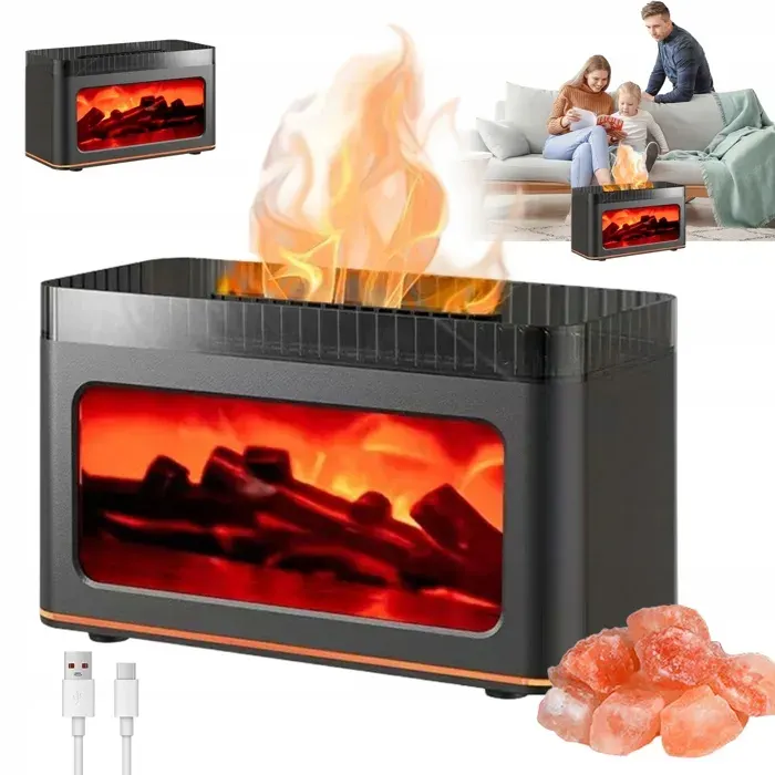 Humidificateur-Diffuseur darômes-Flamme 3D-7 couleurs-Ions négatifs-Pierres de sel-Ultrasons-USB-200 ml-Arrêt auto-Noir
