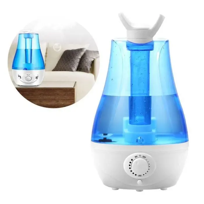 Humidificateur Ultrasonique 11.5x21x31cm à Double Brume Réglable Grande Capacité Design Compact Bureau Lumière LED bleu