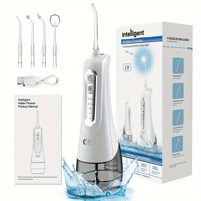 Hydropulseur buccal rechargeable portable avec 4 modes de nettoyage élimine le tartre et blanchit les dents.