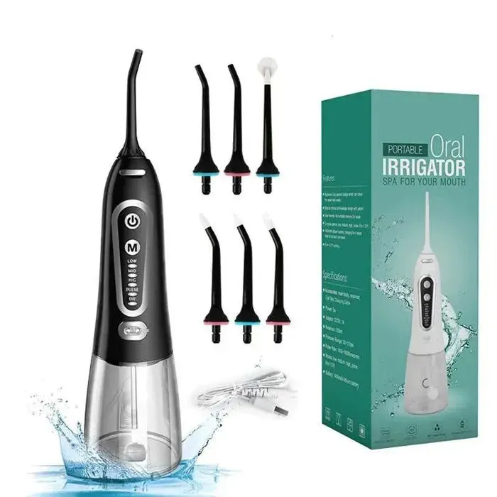 Hydropulseur électrique portable - 300 ml - 6 embouts - Étanchéité IPX7 - 5 modes - 1400 mAh