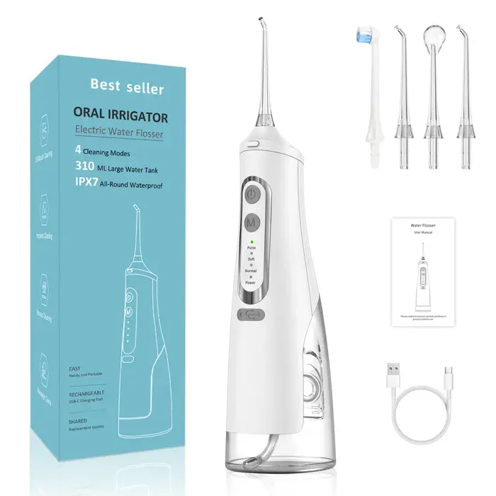 Hydropulseur pour dents rechargeable 4 modes 310 ml étanche IPX7 batterie puissante cure-dents