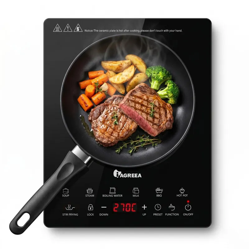 IAGREEA Plaque à induction 2000W portable ultra-fine pour cuisson précise - Contrôle température 60-270°C, 7 modes préréglés et minuterie 3h