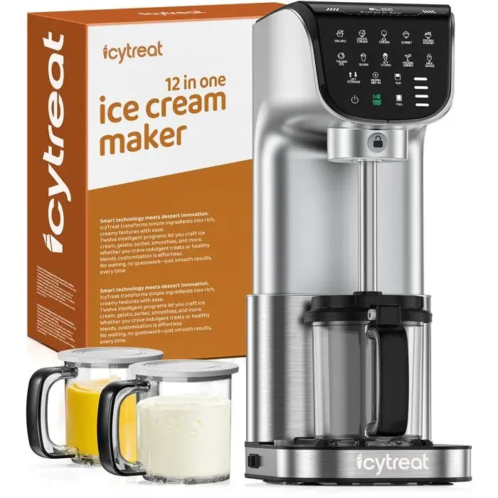 IcyTreat IC-1010 EU Sorbetière 12 en 1 - Certifiée CE Puissance 500 W Capacité 568 ml Inclus 3 récipients à glace en Tritan - Argent