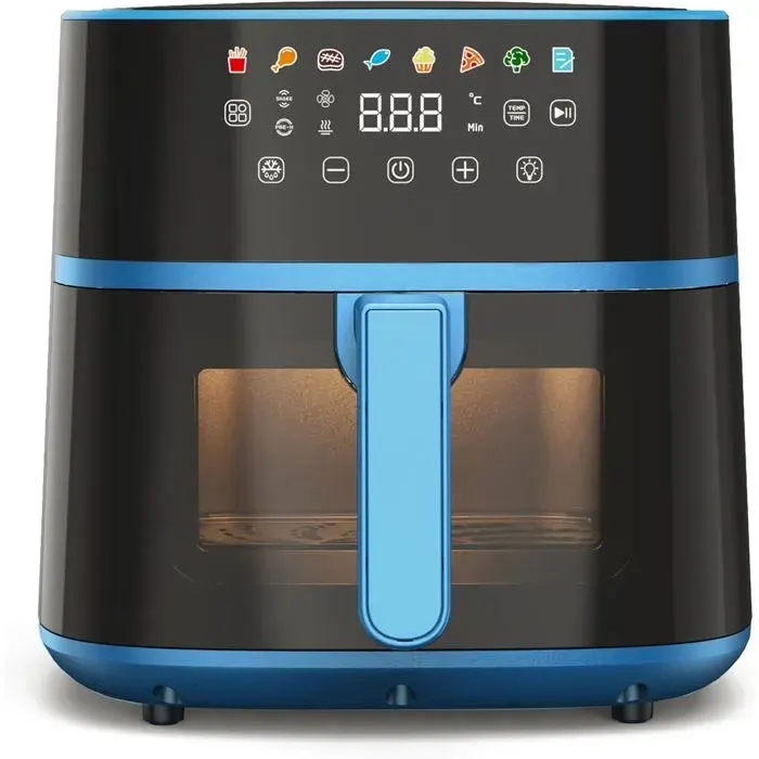 Iridea Friteuse À Air 6L Double Résistance Écran Numérique Minuterie 80-200°C Fenêtre 1700W Bleu Sucre