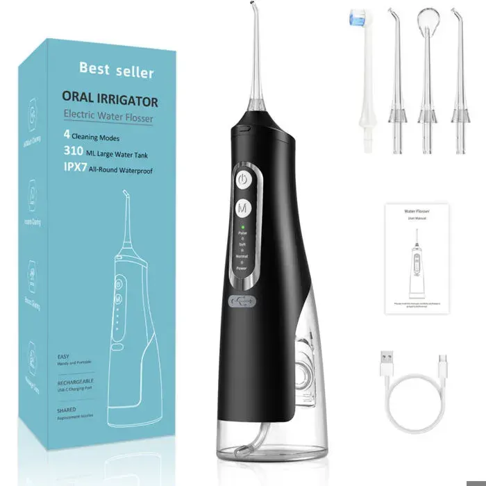 Irrigateur buccal 4 modes réservoir 310ml IPX7 USB – avec 3 embouts – pour maison et voyage