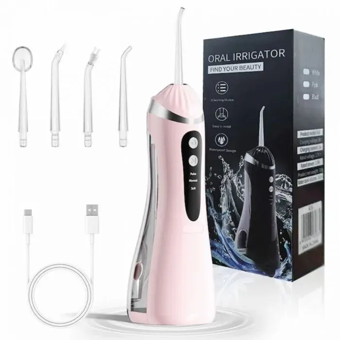 Irrigateur buccal rose - 4 buses - 3 modes - Réservoir 200ml - IPX6 étanche - 1600 pulses/min - Batterie 1200mAh
