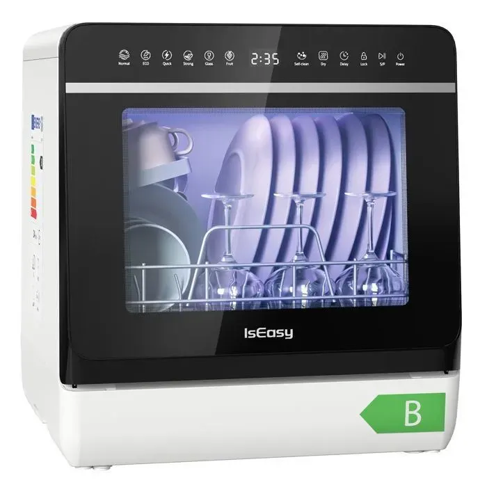 IsEasy Mini Lave-Vaisselle Compact Sans Raccordement 4 Couverts Réservoir 5L 7 Programmes Départ Différé Sécurité Enfant Blanc