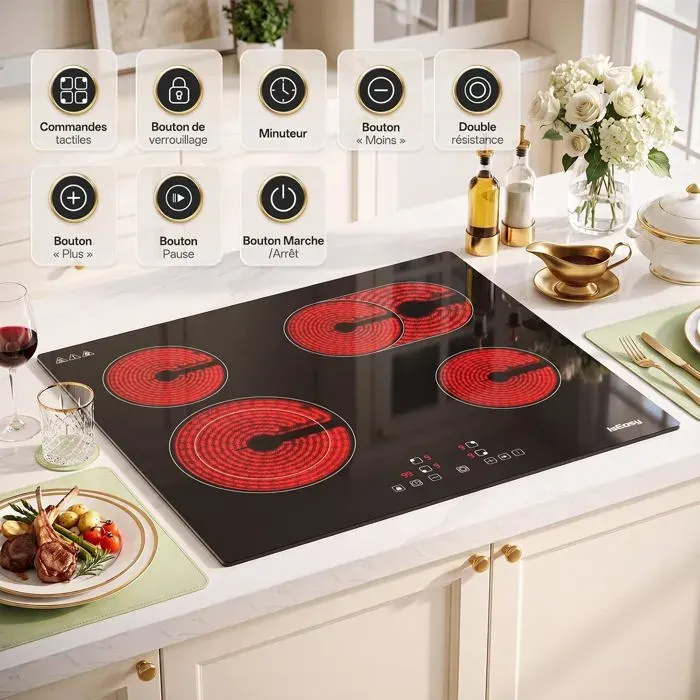 IsEasy Plaque de Cuisson Vitrocéramique 60 cm (6600W) – Table dEncastrement Autonome 4 Foyers