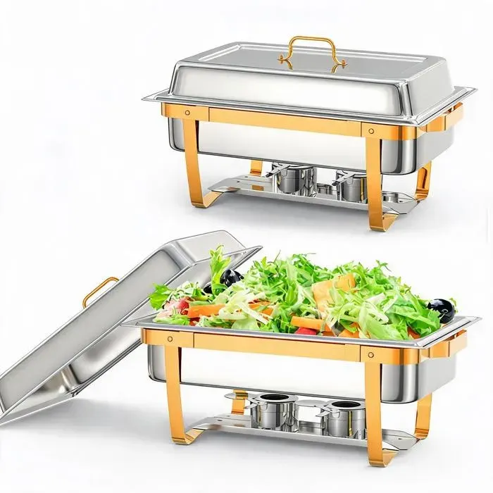 JoyGarden Lot de 2Pcs Chafing dish professionnel rectangulaire inox 95L chauffe-plat buffet doré avec kit complet pour traiteur
