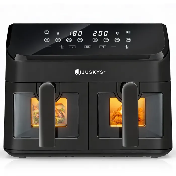 Juskys Friteuse à Air Chaud 9L Double Compartiment – Air Fryer Sans Huile 2 Bacs 9 Programmes Smart Finish Antiadhésif Noir