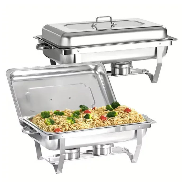 KEDIA Chauffe-Plat 2PCs INOX 9L55*35.5*26cm Conception à deux compartiments Couvercle Poignée Creuse Banquet Fête Mariage