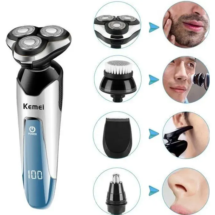 Keimei®Rasoir Electrique Homme Rasoir 3D 4 en 1 Rechargeable Lavable Sans Fil avec 4 Têtes Rotatives Pour Couper Barbe Cil de Nez Po