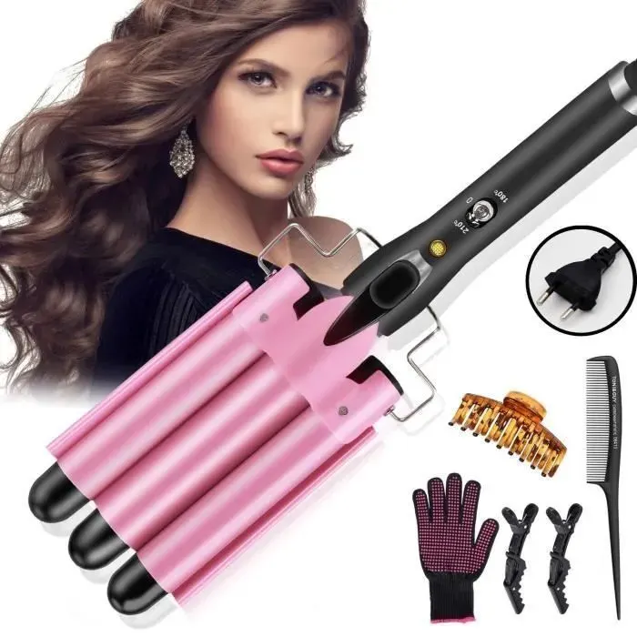 KENLUMO Fer à friser Boucleur 3 tete Fer a OndulerBoucleur a Cheveux 3 tete Diamètre 25mm Style de cheveux bouclés ondulésRose