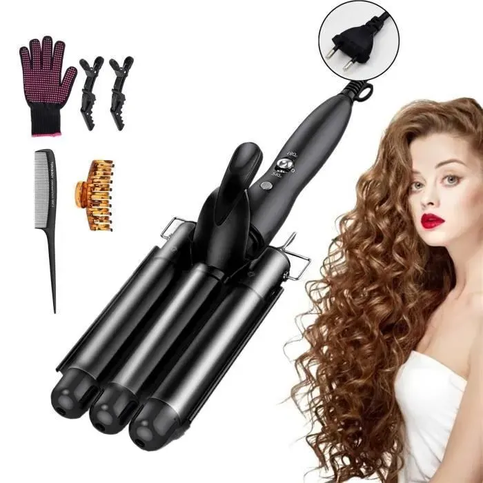 KENLUMO Fer à friser Boucleur 3 tete Fer a OndulerBoucleur a Cheveux 3 tete Diamètre 25mmNoir - KENLUMO