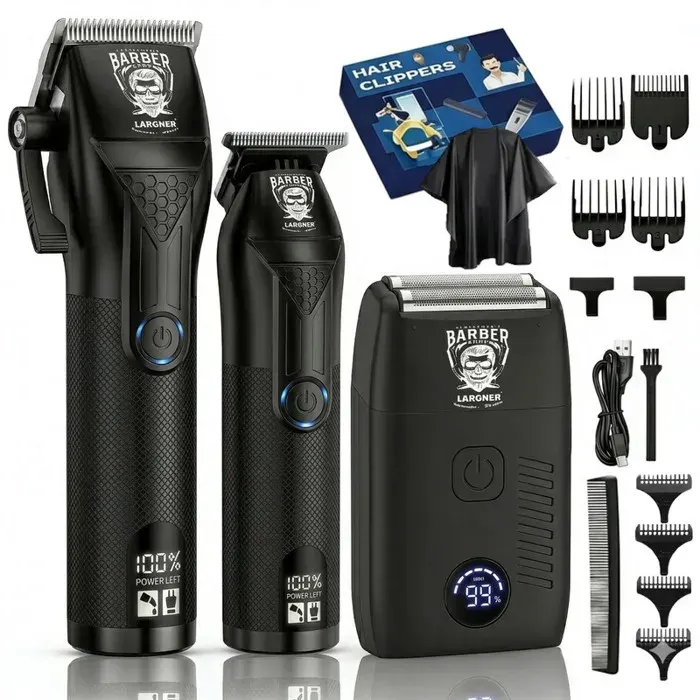 Kit barbier complet LARGNER : tondeuse finition rasoir numérique cape et peignes guides pour soins barbe et coiffure.