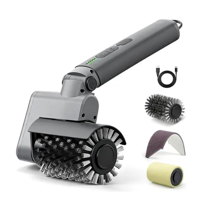 Kit Brosse Barbecue Électrique 3-en-1 Nettoyeur sans Fil 450 TR/Min avec Têtes en Acier Renforcées Autonomie 120 Min (Gris Clair)